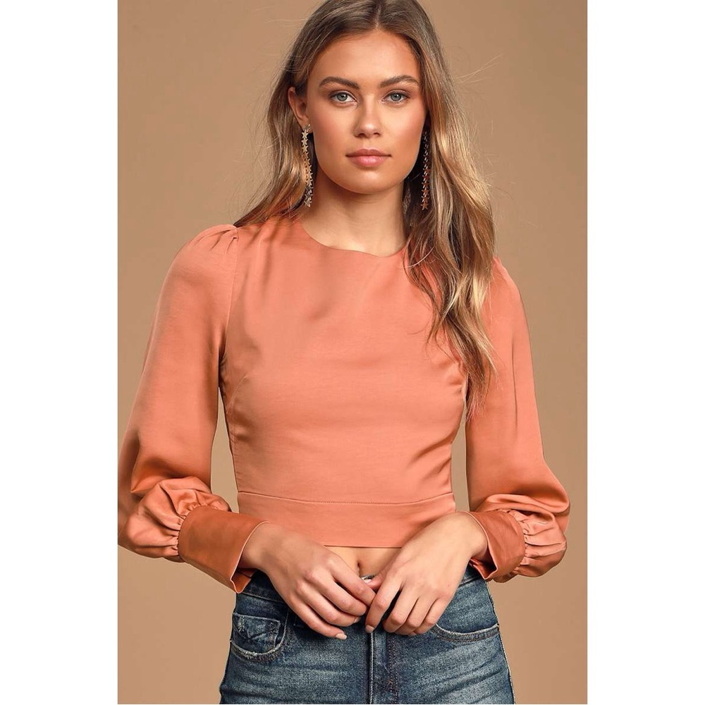 Lulu's Sultry Looks Rusty Rose Satin Balloon Sleeve Backless Top Women's Medium - Picture 2 of 10